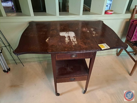 ...Table on Wheels with Fold Down Sides, 2 drawers (Table Has Damage on Top) see pictures.