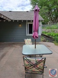 Glass and metal table with 2 chairs, umbrella and stand...