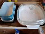 (1) Flat of assorted Kitchen Utensils, Butcher Block of Knives, Pyrex Bowl, Blue Pyrex Bread Pans,