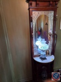 Wood Hall Tree with Frosted Mirror, approx measurements are: 24 D X 15 W X 78 H, 2 lamps, One
