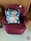 Maroon Chair and Pillow approx size is 28 W X 18 D x 32 H, Round Antique End Table approx size is 12