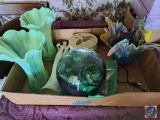 Flat containing Fluorite Ball, Vintage Green Vases, Vintage Vase, Angel Statue, Solitaire/Cribbage