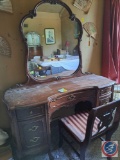 Antique Dresser with drawers, Mirror and Chair. approx measurements are: 51 W X 14 D X 32 H.