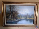 Signed Framed water and tree picture approx measurements are: 44 W X 32 L.
