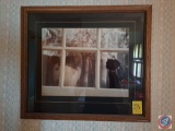 Framed picture of window with cat and vase in it, approx measurements are: 21 x 19.