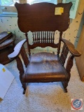 Antique Wood rocker approx measurements are: 23 W X 19 D X 39 H. (Damage on Seat & on arms.)