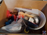 Box containing spray bottles, trial, wood paint sticks, bucket, Clear 10ft X 25ft Plastic, Loose