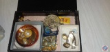 Trinket Box with MOM on top, Tin jewelry box with assorted jewelry , earrings, Pearls from Majorca
