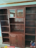 Wood Bookcase Unit Glass Doors on top and solid doors on bottom, 6 shelves on each side, Cabinet