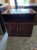 Wood Cabinet with open shelf and 2 doors, approx measurements are: 30 W X 20 D X 27 H.