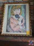 23 X 17.5 Framed Picture of Young Girl holding a black puppy.