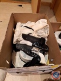 Boxes full of various costume items, cowboy hat, Crstal darques...champagne glasses, Millennium