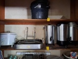 Round crock pot, (3) Coffee Percolator's, Stock Pot and Roasting pan.