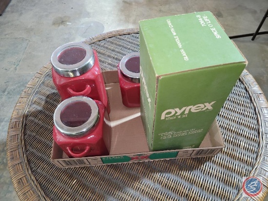 red stone canisters and pyrex...container