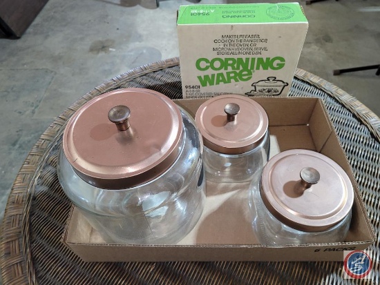 Glass canisters with copper lids and corning cook ware