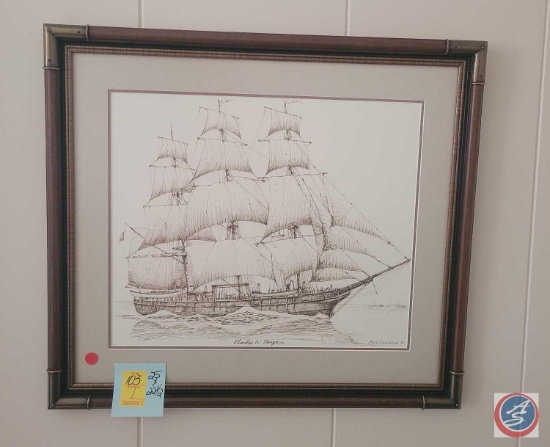 One box lasko fan , a painting of a ship by Charles W Morgan framed, approx measurements 25x22.5