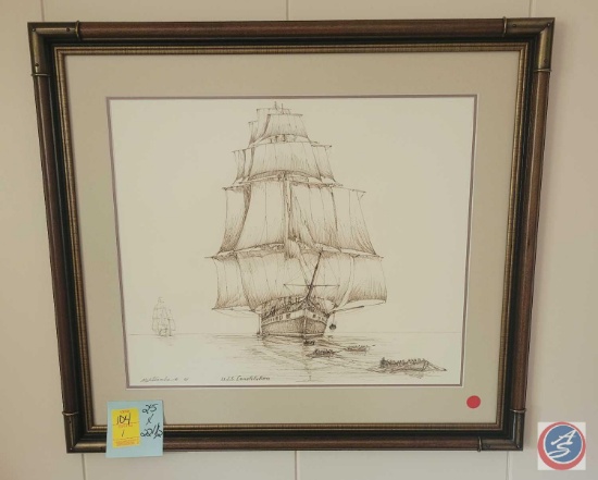 One frame photograph of a ship USS Constitution signed by m Whitcomb approximate size 25x22 1/2, a