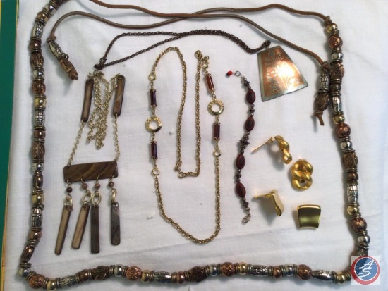 Metallic flower necklace and beaded belt, assorted earrings