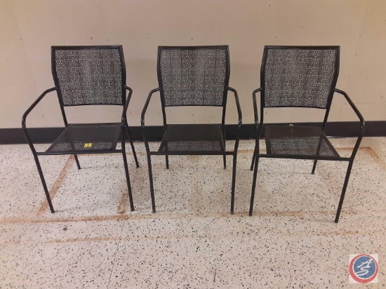(3) black metal stackable patio chairs.