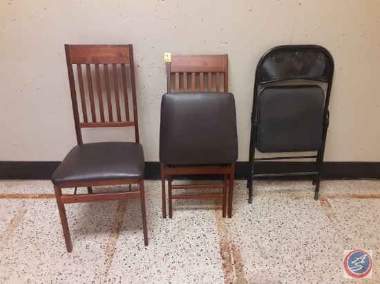 (2) brown wooden folding chairs,(1) metal folding chair.