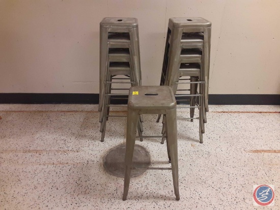 (9) 9 stackable metal stools measurements are 12x12x30.