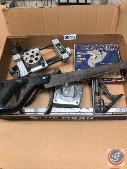 Woodworking tools. Dowling jig, tape, moulding head, saw sets