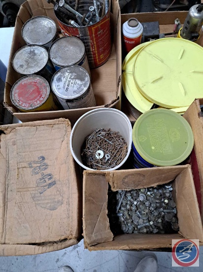 (NO SHIPPING) Assorted Motor Oil, Nails, Metal Strapping, Bolts and Nuts.
