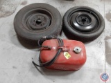 (1) gas can for a boat, one used 14-in tire and rim and one temporary spare