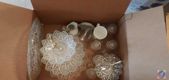 Box Full of Assorted Glass Items, Cups, 3 tier Candy Holder., Glass Serving Plate.