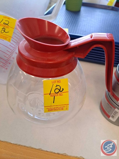 Coffee pot, plastic pitcher, plastic measuring cup and metal strainer