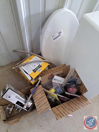 (3) boxes of toilet and sink parts, one plastic sink and one toilet seat