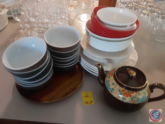 Miscellaneous bowls relish trays and a teapot