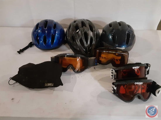(3) bicycle helmets, and (5) sets of goggles