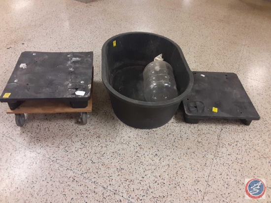 (1) four wheel dolly, one plastic water jug, one plastic barrel and one small plastic pallet.