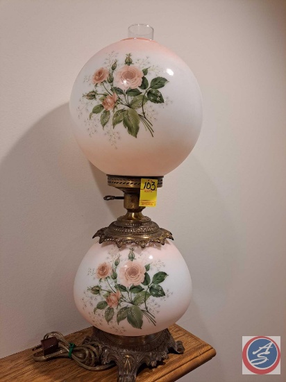 Vintage electric hurricane lamp, top globe is milk glass, the inner chimney is clear glass.