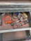 Tool cart on casters with 37w x 49 1/2h x 21d with shop built wooden tool box on top, end storage