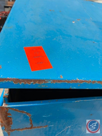 Unbranded job box painted blue top goes up, 48w x49h x 31d on castors