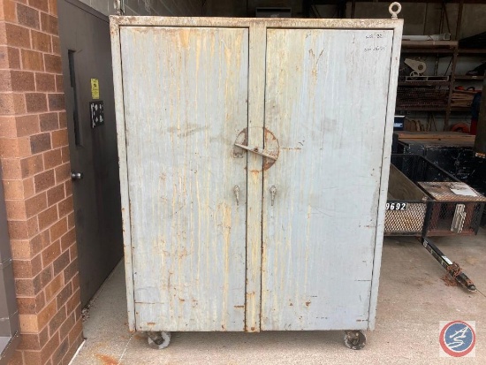 Steel two door vertical cabinet 60w x 78h x 24d with chain falls and beam trolley