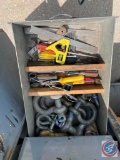 HD steel workbench with storage on casters drawers with extensions, hand tools, clevis, wire