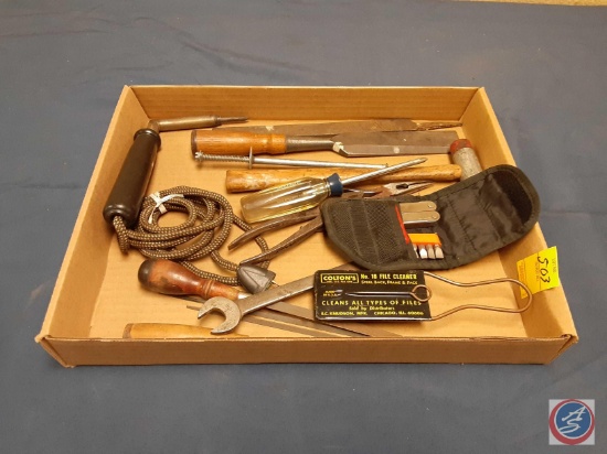 Vintage 45 degree soldering iron, chisels, files, Colton's file cleaner, and assortment of other