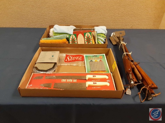 Vintage Storz chef knife set, Diamond hone block set, candle coasters, Vintage BBQ tools, Microfiber