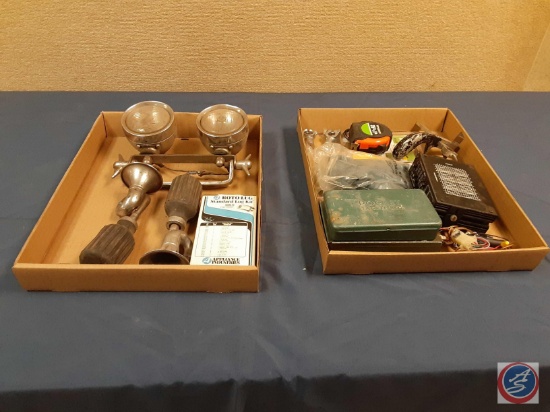 Drill bits, fishing lures, equalizer, battery cable connectors, tape measure,...Roto-lug kit, Vintag