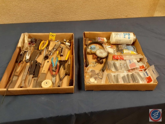 Clevis pins, assorted hardware, wire cutters, pliers, putty knifes, assorted hand tools