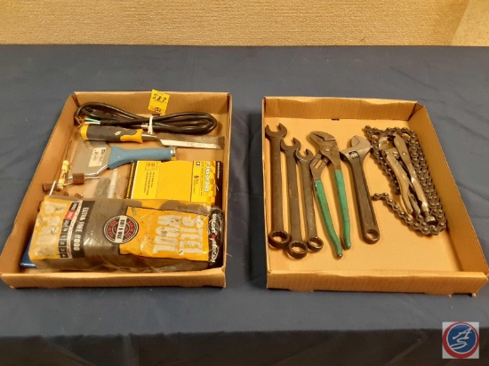 Combination wrenches, crescent wrench, channel lock, Vintage...Vise Grip Locking Pipe Chain, chisel,