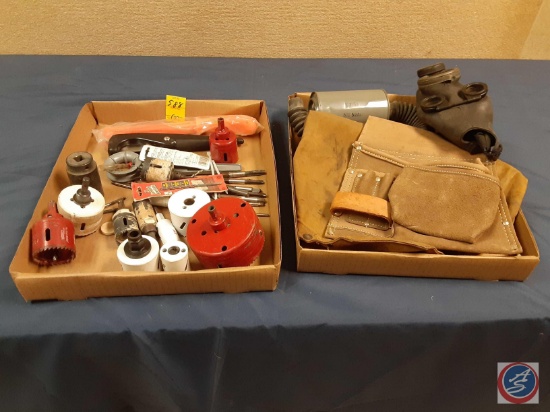 Military gas mask, tool pouch, hole saws, drill bits, plastic pipe cutter...