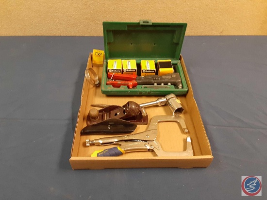 Marson...Rivet set w/extra rivets in a plastic case, Locking vise grip c-clamp, utility knife, small