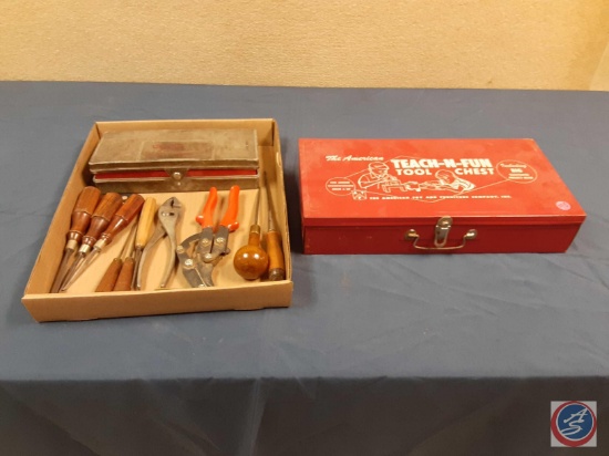 Teach-N-Fun tool chest, chisels, pliers, plastic pipe cutter, awls, tap & die set in box
