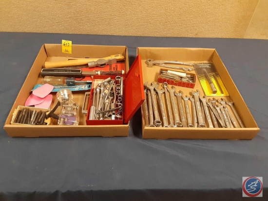 Combination wrenches, multi tool pliers, tapered reamer, drill bits, Socket set w/ratchets and