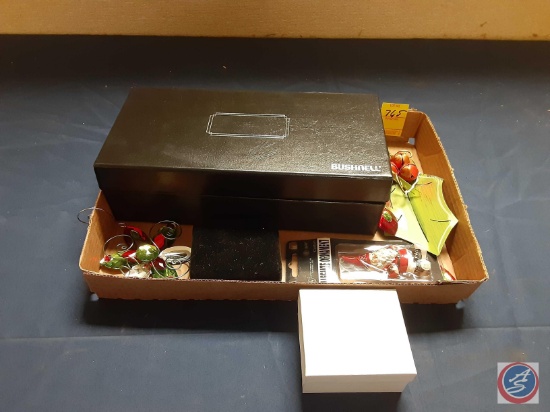 Vintage Christmas Ornaments and Sunglasses, Knife in Bushnell case