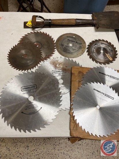 Circular Saw Blades (see photos), (2) Vintage framing squares and small shovel